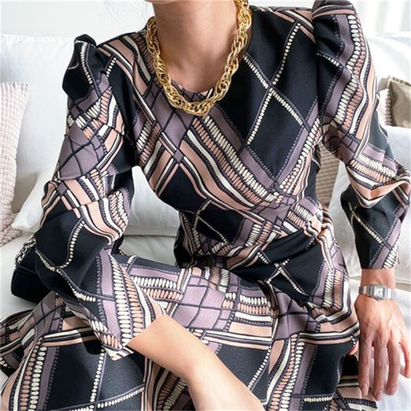 

2021 new retro-feminine geometric slit-neck puff-to-line sleeves dressed waist mid-calf wear spring o0k5, Black;gray