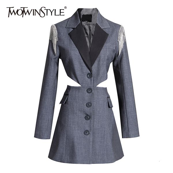 

twotwinstyle patchwork tassel hit color coats women lapel collar long sleeve tunic hollow out jacket female fashion clothes 201112, Black;brown