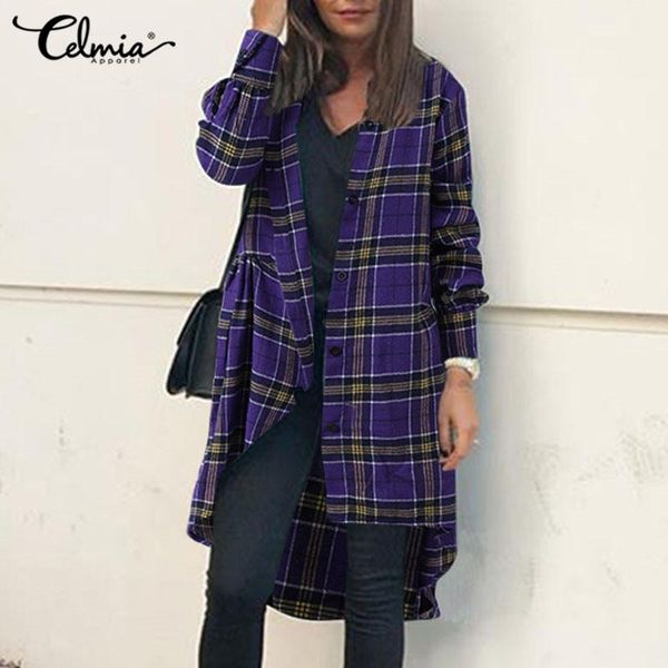 

women's blouses & shirts celmia women plaid shirt 2021 fashion asymmetrical vintage baggy long casual sleeve checked blusas femininas, White