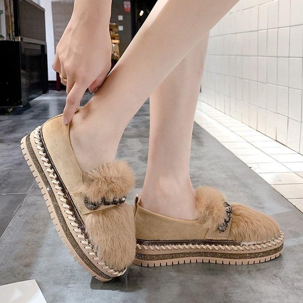 

2020 winter natural fur flats women luxury warm crystal buckle hand stitching leather platform shoes women slip-on hair flats, Black