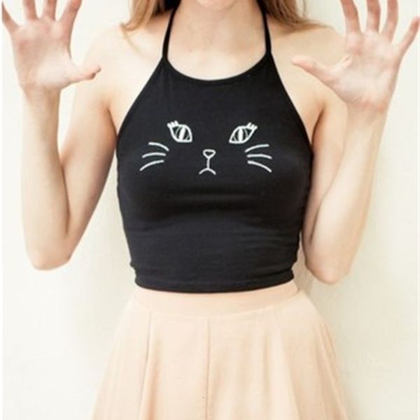 

summer camis women ladies sleeveless crop cute cat printed halter vest plus size blusas s-xl, White