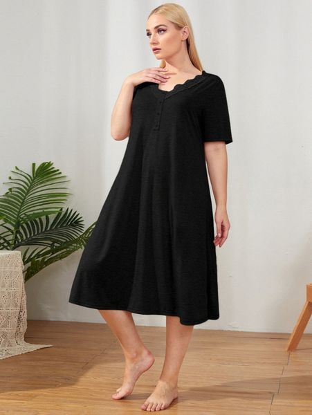 

plus v-neck lace detail solid nightdress c4k4#, Black;white
