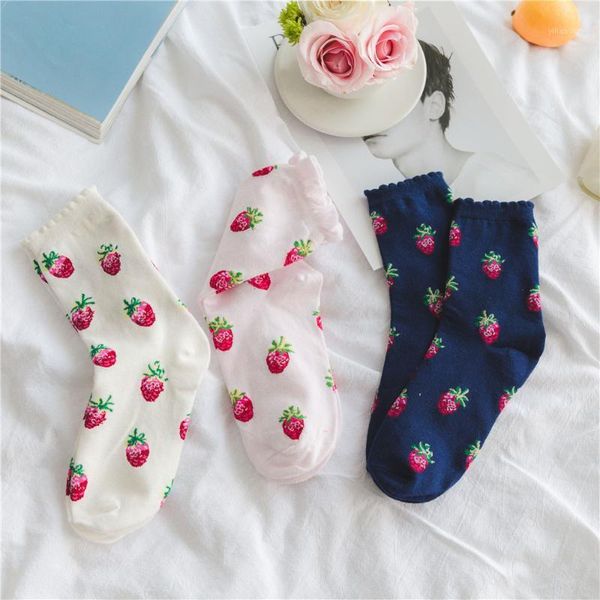 

lolita style cute strawberry pattern women girl crew bubble socks combed cotton kawaii harajuku funny casual art sox white1, Black;white