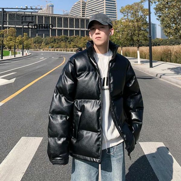 

men's down & parkas winter warm puu leather cotton clothing tide korean short bread jacket stand collar loose, Black