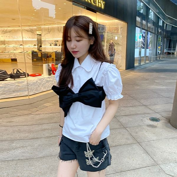 

fueri женских рукава 2020 черного shirtsuspender белого shirtsummer нового отворот пузырь костюм белого ремень рубашка два чехлов комплекта, Gray