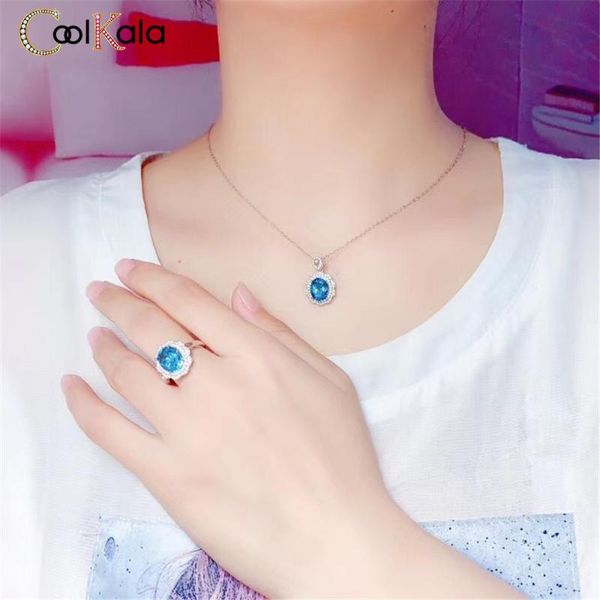 

wedding rings coolkala luxury light blue group with zircon open ring for women's fashion pendant clavicle necklace, Slivery;golden