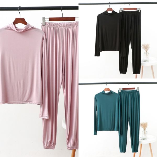 

zmqky size and autumn new set loose large spring home furnishing clothes set high collar long sleeve base shirt home pants two-piece modal v, Gray