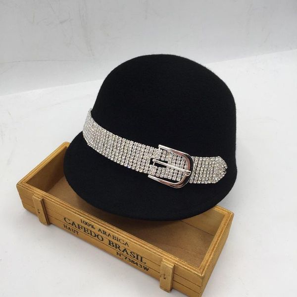 

stingy brim hats 202112-nao-liangzhuang autumn winter 100% wool solid rhinestone chain leisure lady octagonal hat women visors cap, Blue;gray