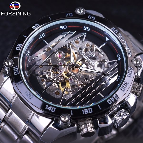 

forsining military sport design transparent skeleton dial silver stainless steel mens watches brand luxury automatic watches j190706, Slivery;brown