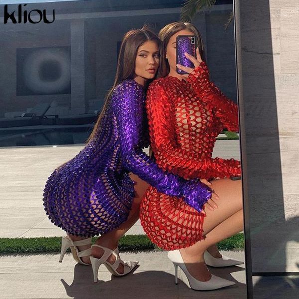 

kliou hollow out party dress for women 2020 new o-neck solid fashion clubwear bodycon hole skinny mini dresses selling1, Black;gray