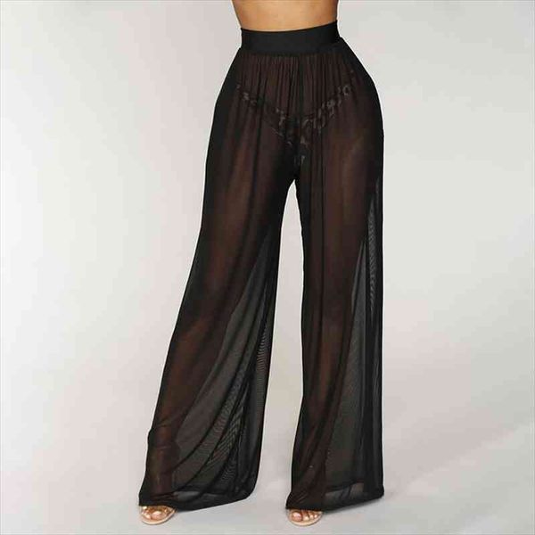 

women see through boho wide leg high waist trousers beach long loose mesh sheer pants 3 colors, Black;white