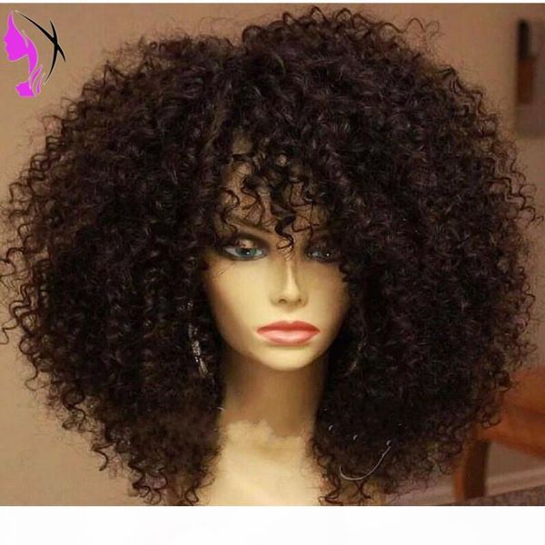 

heat resistant synthetic lace front wig with bangs natural hairline brazilian kinky curly wigs for women, Black