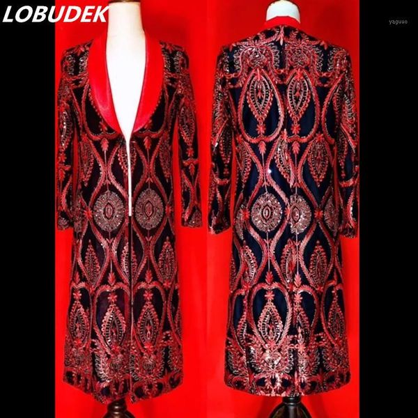 

new male singer nightclub bar red sequins overcoat long coat punk dancer stage concert performance long blazer customized s-4xl1, White;black
