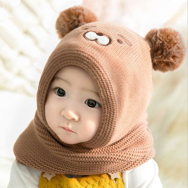 

wool boy girl baby autumn children's bib winter integrated hat with veet ear protection, Red;brown