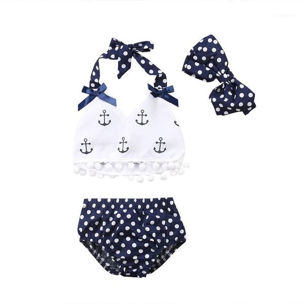 

clothing sets baby girl polka dot printed set halter tassel + navy blue shorts headband 0-24m infant toddler cotton outfit set1, White