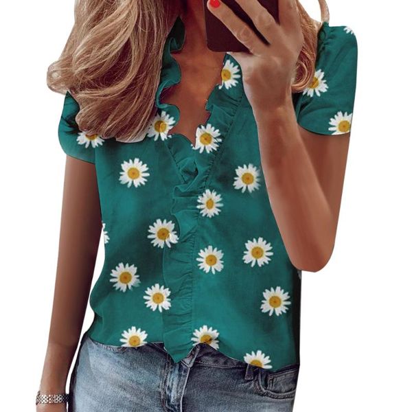 

women's blouses & shirts littlerossa daisy print ruffle blouse office lady 2021 summer short sleeve slim women v-neck, White