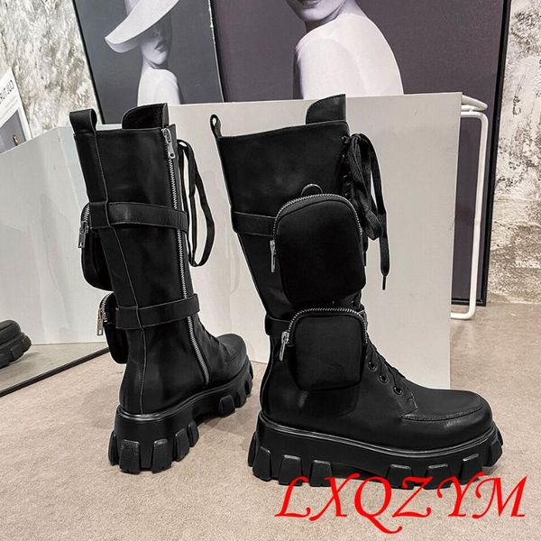 

boots lxqzym women's double pocket knee high zipper knight platform round toe lace up fashion black red motorcycle