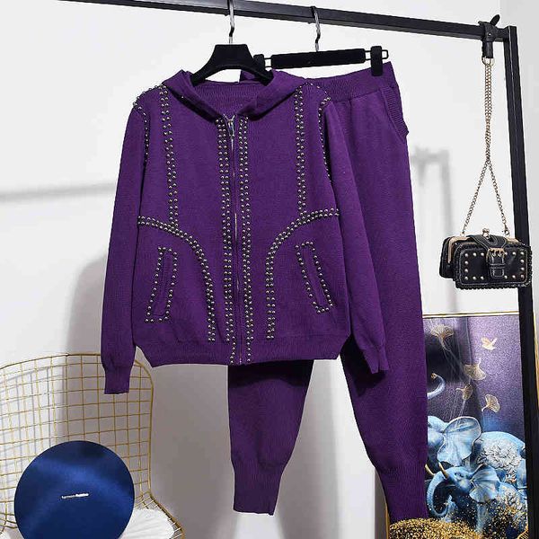 

women's two piece pants fashion spring autumn knit tracksuit women set loose beading hooded knitted cardigan long pencil female outfits, White
