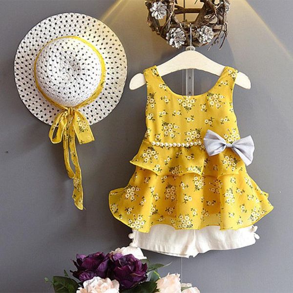 

clothing sets 2021 summer girls set fashion floral print sundress pearl bow dress+shorts+hat suit 3pcs baby clothes, White