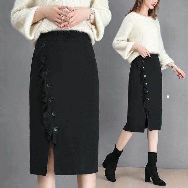

new 2021 fall drooling women knitted-out long a line thick skirts warm skirt midi femme phallus jupe y284 rs7d 7u6m, Black