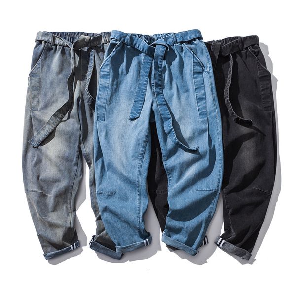 

streetwear mens casual cotton men jeans pants oversized drawstring belt fashion woman denim trousers ribbon 5xl, Blue