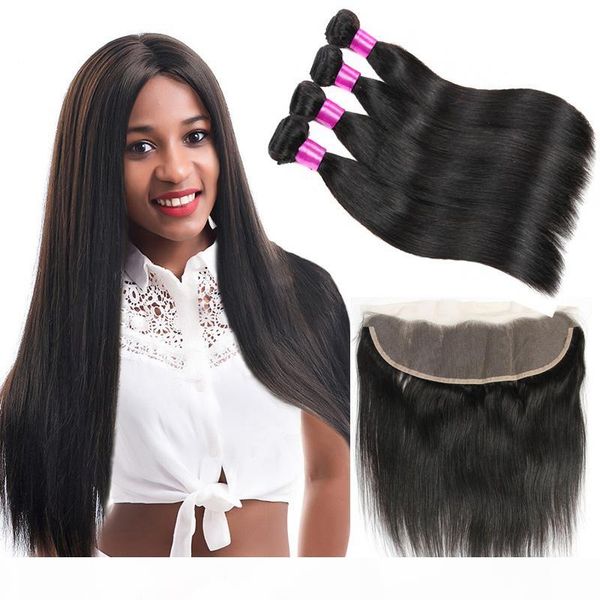 

9a unprocessed brazilian virgin straight hair weaves lace frontal with bundles human hair bundles with 13x4 closure, Black