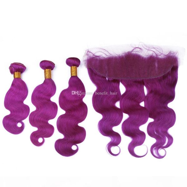 

purple color ear to ear frontal with body wave hair 3bundles malaysian purple hair body wave wavy with lace frontal 13x4, Black