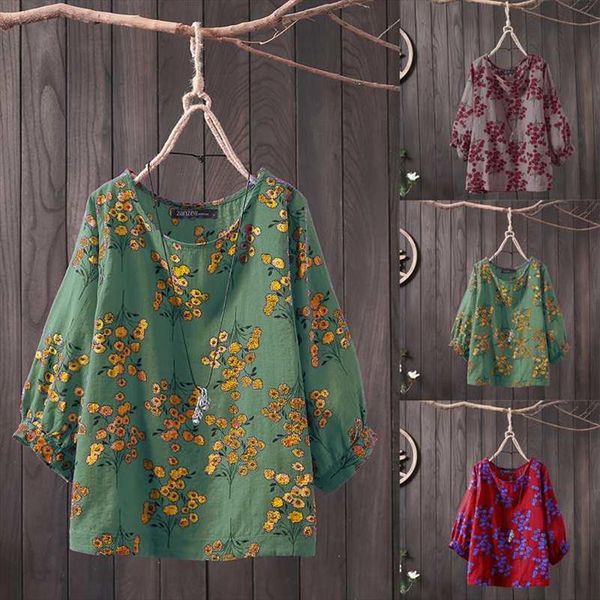 

zanzea летние топы женщины винтаж цветочные печатные блуза повседневная 3 4 рукав о шере blusas женская ретро рубашка плюс размер химпа, White