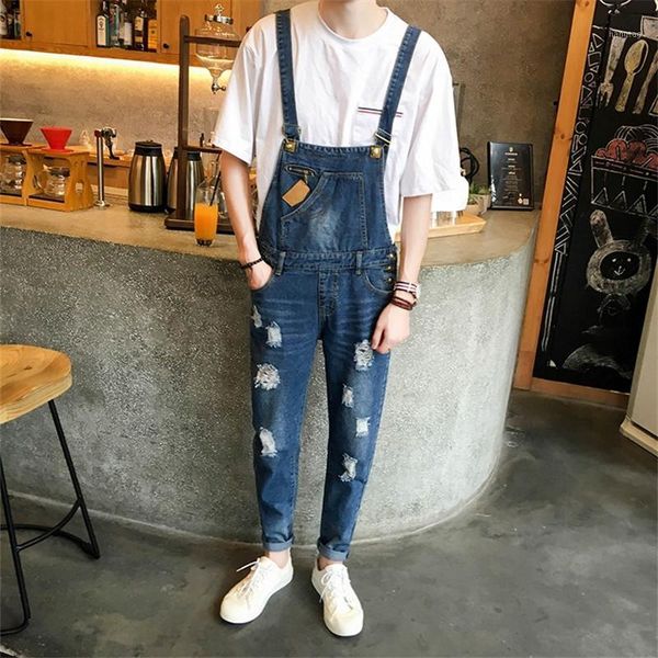 

summer mens skinny jean overalls male hip hop suspenders distrressed trousers casual bib jeans1, Blue