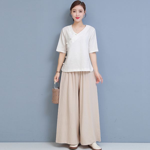 

summer new chinese style yoga home clothes home clothes jacquard tea clothing two-piece cotton and linen householder clothing yoga suit for, Gray