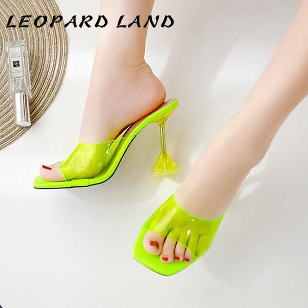 

slippers leopard land green pvc jelly crystal open toe high heels women transparent heel sandals pumps wbl, Black