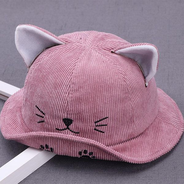 

autumn winter baby girls boys bucket sun hat cute children outdoor beanies kids corduroy cotton cat ear hats thick warm caps, Slivery;white