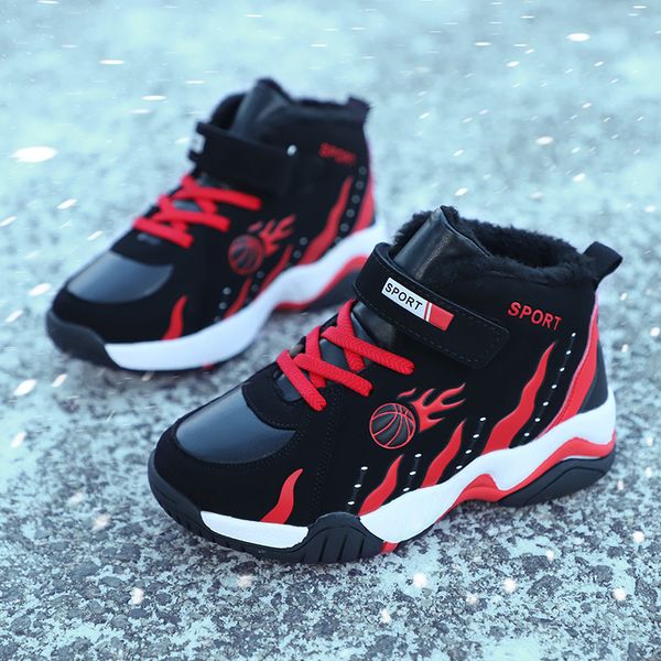 

girls winter children sneakers for kids casual boys shoes plush warm lining footwear anti-slippery, Black;red