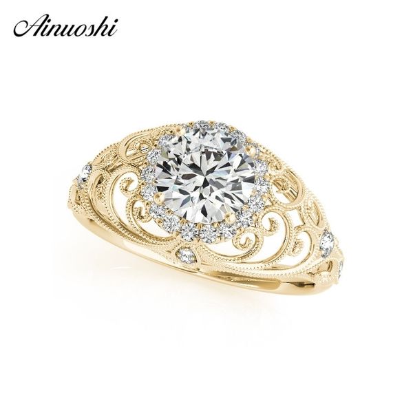 

ainuoshi 925 sterling silver yellow gold color round cut 1ct bridal rings women engagement halo silver ring anniversary gifts y200106, Slivery;golden