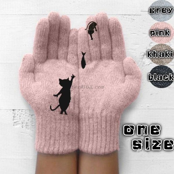

womens winter thicken warm knitted full fingered gloves funny cartoon cat catch fish irregular patchwork palm elastic ski mitten, Blue;gray