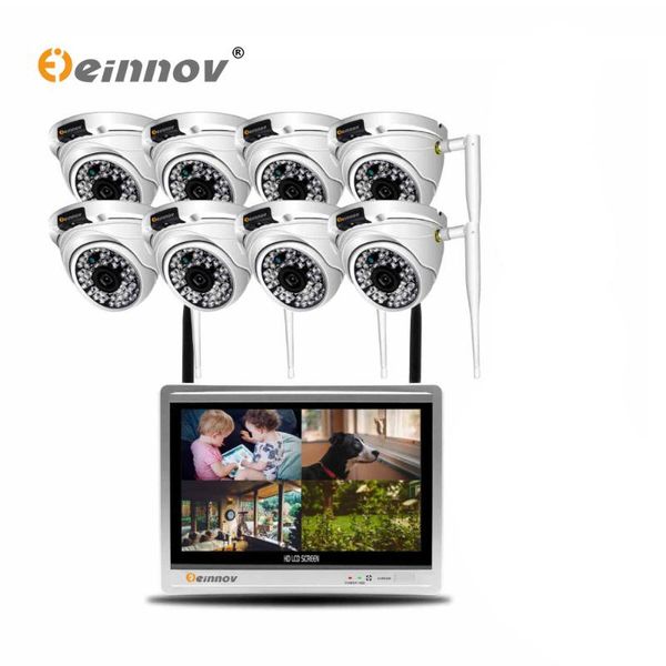 

systems einnov 8ch 2mp cctv set wireless security camera system video surveillance ip 12inch lcd nvr kit outdoor dome ir light hd