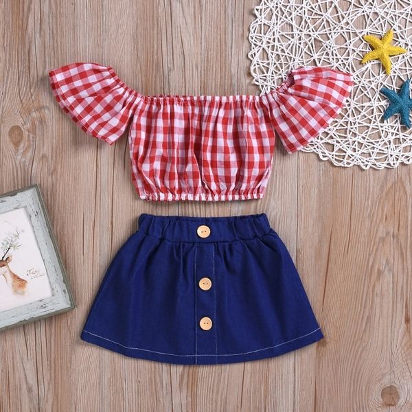 

summer kids toddler baby girl clothes set slash neck plaid +denim skirts 2pcs suits casual children clothing outfits t200707, White