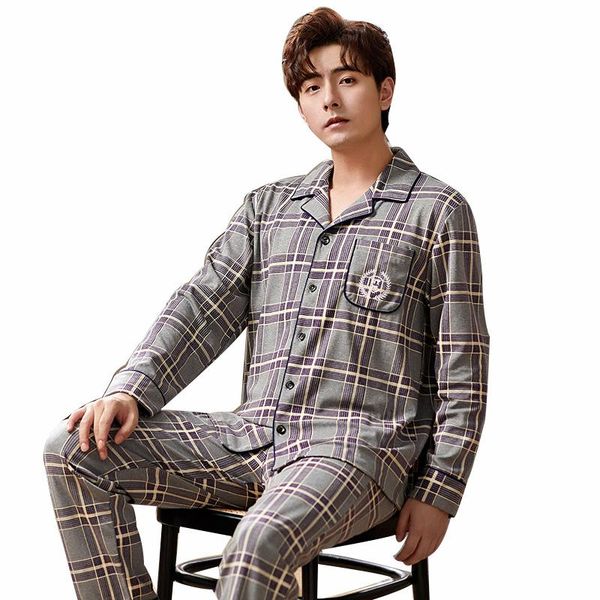 

men's sleepwear 2021 winter cotton pajama for men plaid home costumes long sleeve male casual comfortable clothing 2pcs/set, Black;brown