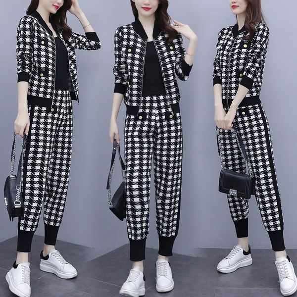 

autumn winter tide suit female 2020 new jacket + knitted harem pants two-piece set elegant ensemble femme survetement, Gray
