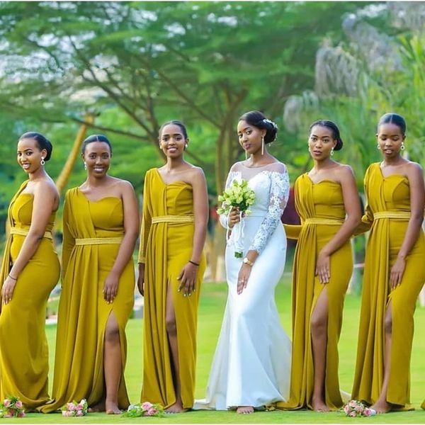 

one sleeve streamer bridesmaid dresses mermaid slit belt african women long wedding party dress vestido de fiesta de boda, White;pink