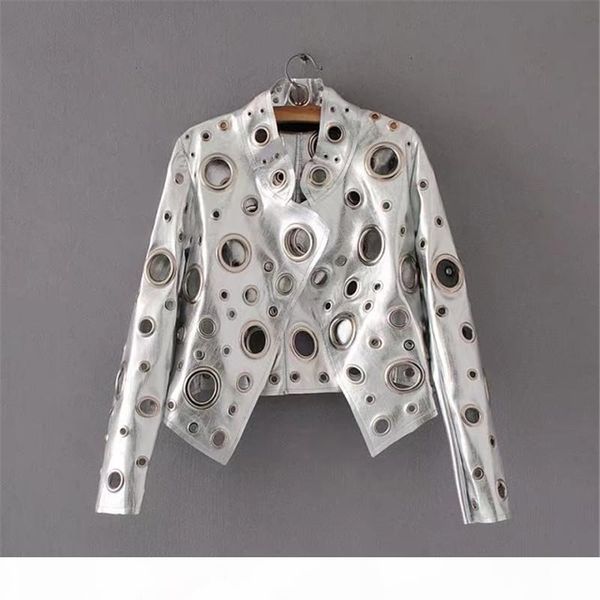 

2018 women spring leather fashion streetwear gold silver eyelet bomber pu outerwear motorcycle, Black;brown