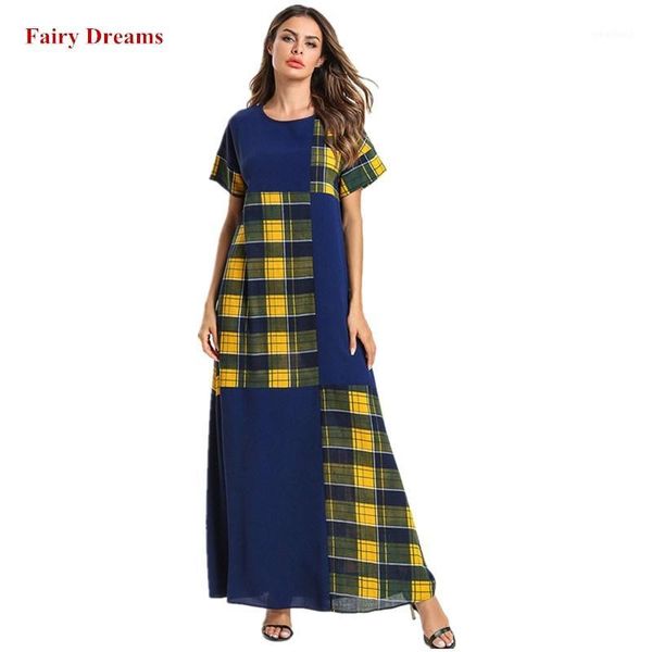 

ethnic clothing women muslim dress short sleeve abaya plus size islamic kaftan pakistan turkish moroccan blue yellow plaid casual robe1, Red