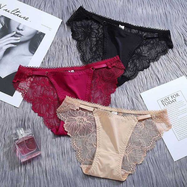 

women's underwear panties girly transparent lace pure cotton ice silk seamless breathable low-waist briefs for ladies, Black;white