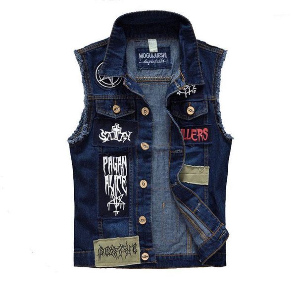

brand new men's denim vest designer fashion printing retro hole fit slim casual cowboy vest men m~3xl bc4e88391, Black;white