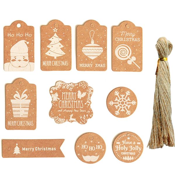 

50pcs merry kraft paper tags with rope xmas diy hanging gift box tag labels for party christmas decorations navidad