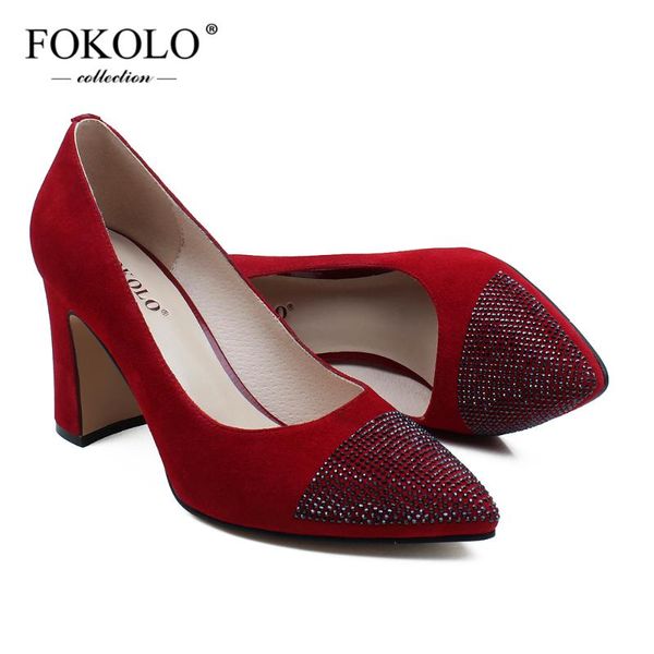 

fokolo women pumps fashion pointed toe kid suede thick heels new spring autumn genuine leather handmade shoes gc6, Black