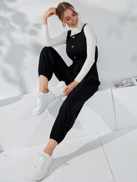 

fake button elastic waist overalls without sweater z98d#, White