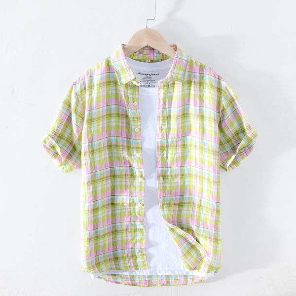 

men's casual shirts 100% pure linen summer plaid for men short sleeve fashion shirt man turn-down collar y26251, White;black