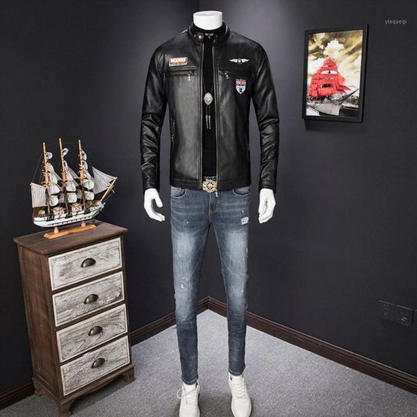 

pu leather patchwork men's jackets 3xl autumn fashion coats men outerwear stand collar male clothing slim fit1, Black;brown