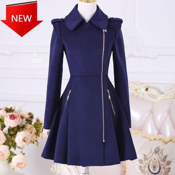 

dark blue lady clothing zipper woolen coat mid-length slim 2020 autumn winter women coats1, Black